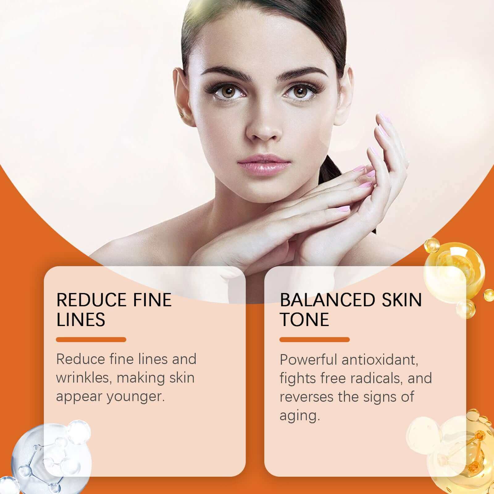 Hairvella Vitamin C Face Serum Care benefits: reduces fine lines, balanced skin tone for youthful appearance.